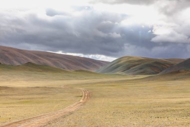 Tipik Moğol manzarası. Orta Moğol bozkırının verimli, yuvarlanan tepelerinden geçen toprak bir yol. Moğol Altai