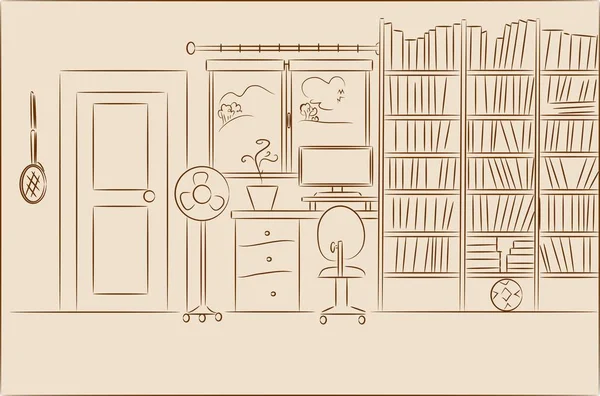 Bosquejo Del Interior Del Hogar Con Librería — Vector de stock