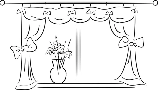 Croquis Fenêtre Avec Rideaux Vase Verre Sur Rebord Fenêtre — Image vectorielle