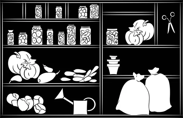 Σκιαγραφία Από Ράφια Κονσερβοποιημένα Αγαθά Και Λαχανικά — Διανυσματικό Αρχείο