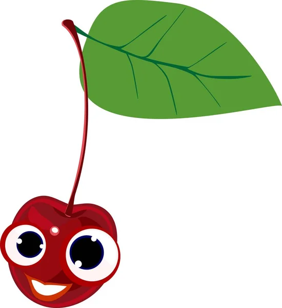 Funny Red Cherry Green Leaf — Stock Vector