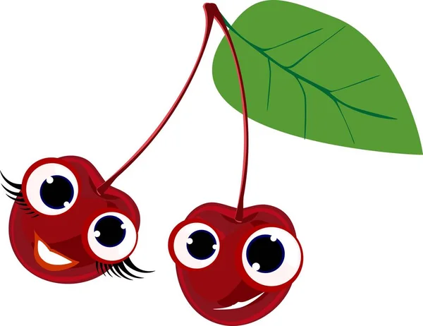 Yeşil Yaprak Komik Kırmızı Kiraz — Stok Vektör