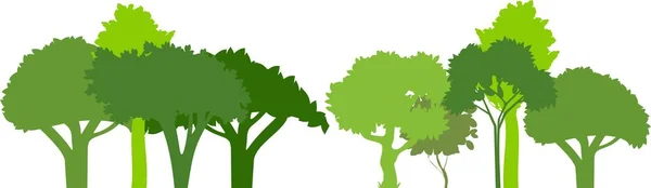 緑の木々 のシルエットのグループ 落葉性の木のシルエットの水平方向のバナー — ストックベクタ
