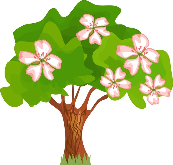 Árbol Floreciente Dibujos Animados Con Hojas Verdes Flores Rosadas Sobre — Archivo Imágenes Vectoriales