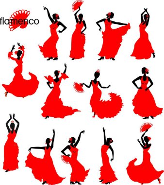 Siluetleri kırmızı elbiseler Flamenko dansçıların büyük set