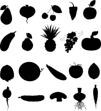 Farklı sebze ve meyve siluetleri büyük kümesi