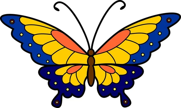 Butterfly Med Spridning Gul Blå Vingar Vit Bakgrund — Stock vektor