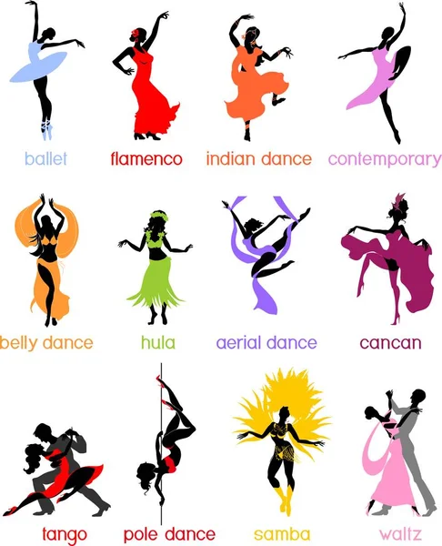 Various Style Dancing Silhouettes Dancing People — Stock Vector