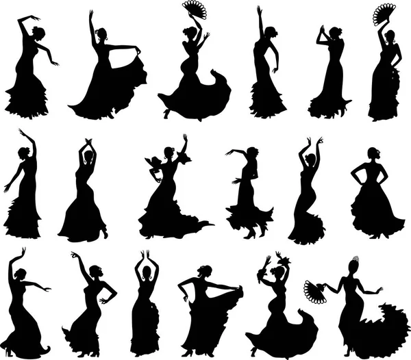 Large Set Silhouettes Flamenco Dancers — Stock Vector