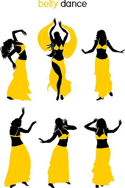 Set Silhouettes Belly Dancers Yellow Bedlah — Stock Vector