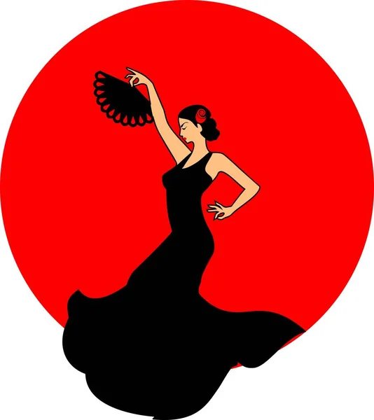 上げられた手に赤いファンと赤いドレスでフラメンコ ダンサー — ストックベクタ
