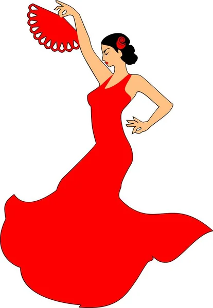 Flamenco Dancer Red Dress Red Fan Her Raised Hand White — Stock Vector