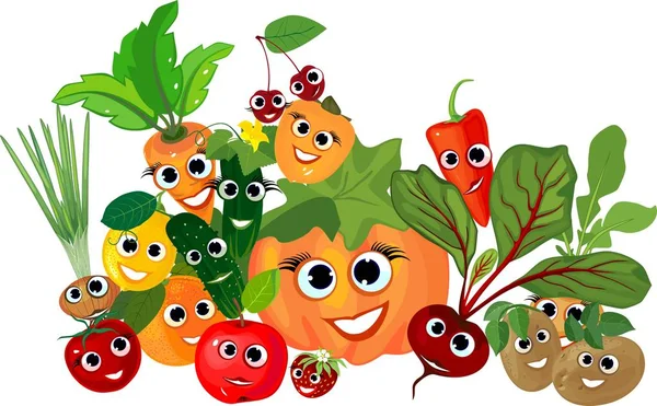 Duże Martwa Natura Jesiennych Zbiorów Warzywa Uśmiechnięte Twarze — Wektor stockowy
