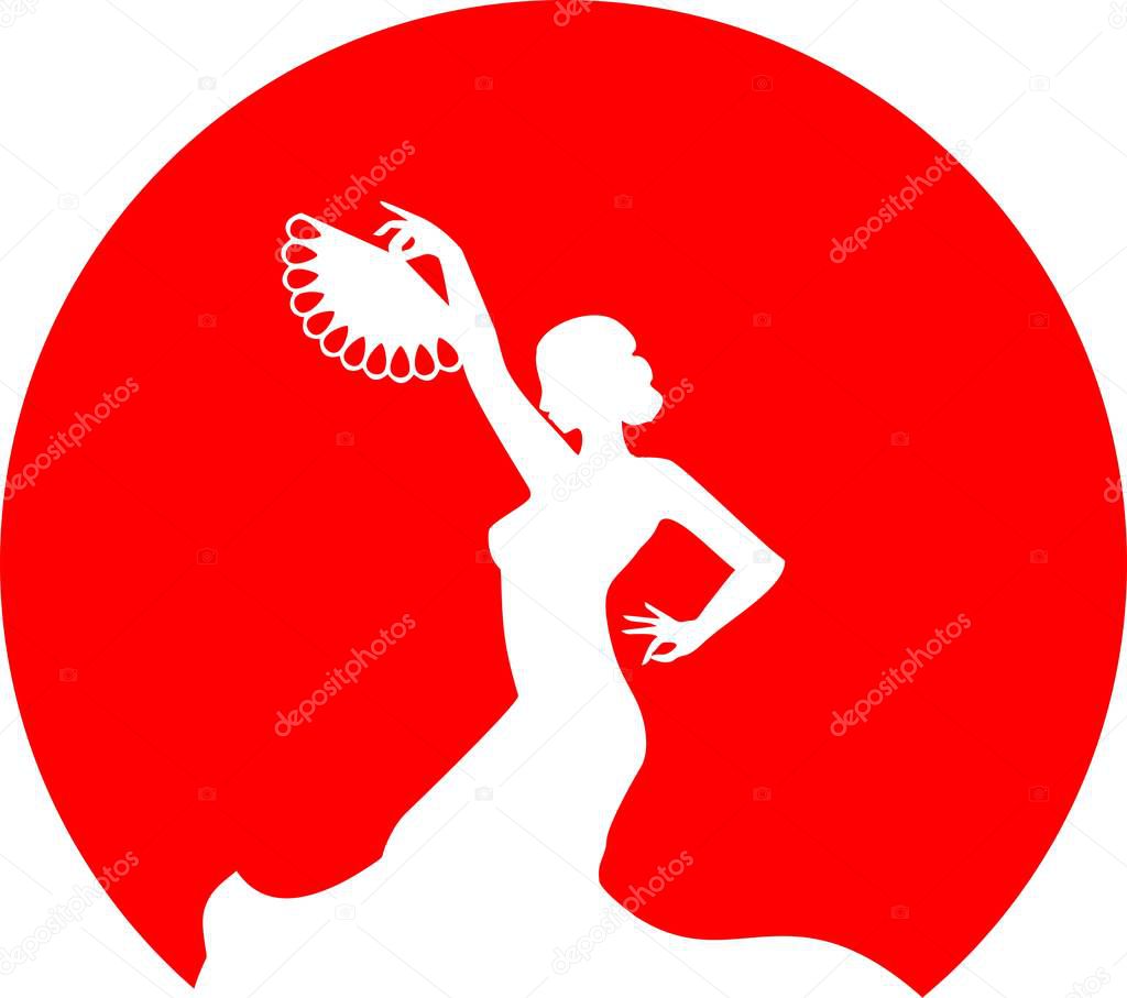 Silhouette of flamenco dancer with fan in her raised hand on round red background
