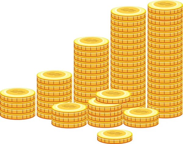 Σωρούς Των Χρυσών Νομισμάτων Λευκό Φόντο — Διανυσματικό Αρχείο