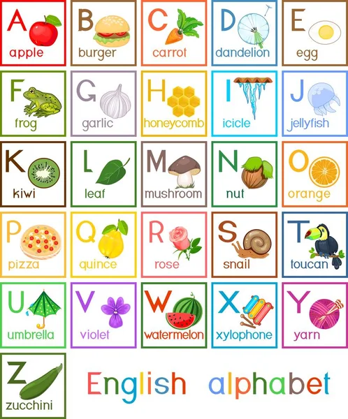 Alfabeto Inglês Com Imagens Títulos Para Educação Infantil — Vetor de Stock