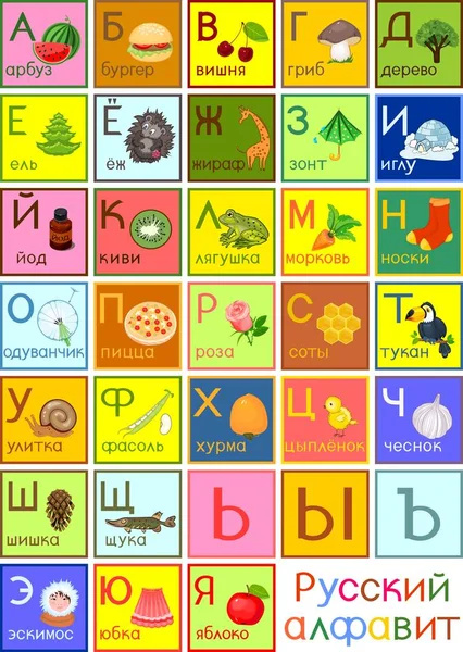 Kleurrijke Russisch Alfabet Met Cartoon Plaatjes Titels Voor Kinderen Onderwijs — Stockvector