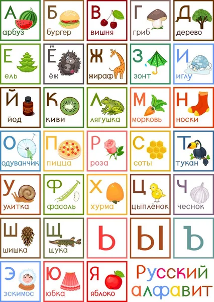 Buntes Russisches Alphabet Mit Zeichentrickbildern Und Titeln Für Die Kindererziehung — Stockvektor