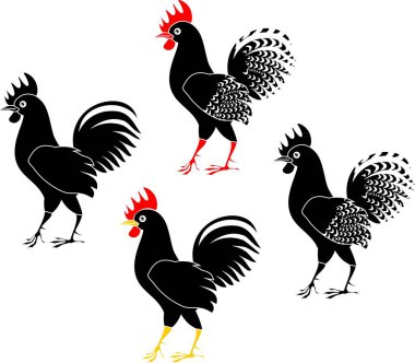 Set of black roosters on white background clipart