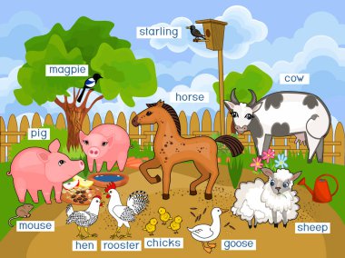 Kırsal yaz yatay, farklı çiftlik hayvanları başlıkları ile