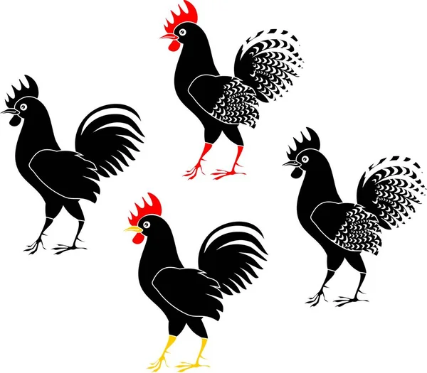 Conjunto Gallos Negros Sobre Fondo Blanco — Vector de stock