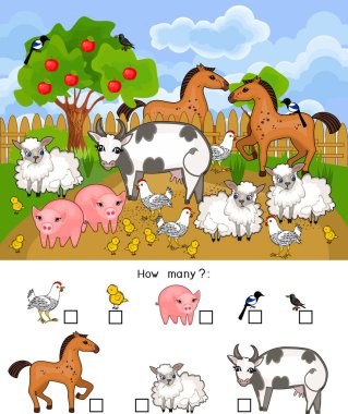 How many animals. Counting educational game with different farm animals for preschool kids
