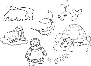 Boyama sayfası. Eskimo Ulusal giysiler, Eskimo ve kutup fauna farklı karikatür hayvanlar