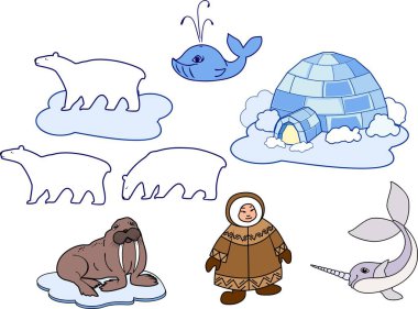 Eskimo Ulusal giysiler, Eskimo ve beyaz arka plan üzerinde kutup fauna farklı karikatür hayvanlar