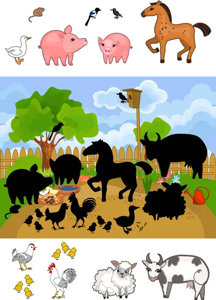 Βρείτε Σωστή Απόχρωση Εκπαιδευτικά Παιδιά Που Ταιριάζουν Παιχνίδι Ζώα Αγροκτήματος — Διανυσματικό Αρχείο