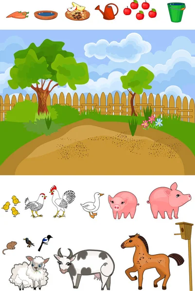 Sticker Book Spel Voor Kinderen Met Cartoon Landbouwhuisdieren Objecten — Stockvector