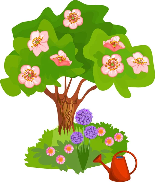 Мультфильм Цветущее Дерево Розовыми Цветами Травой Возле Ствола Белом Фоне — стоковый вектор