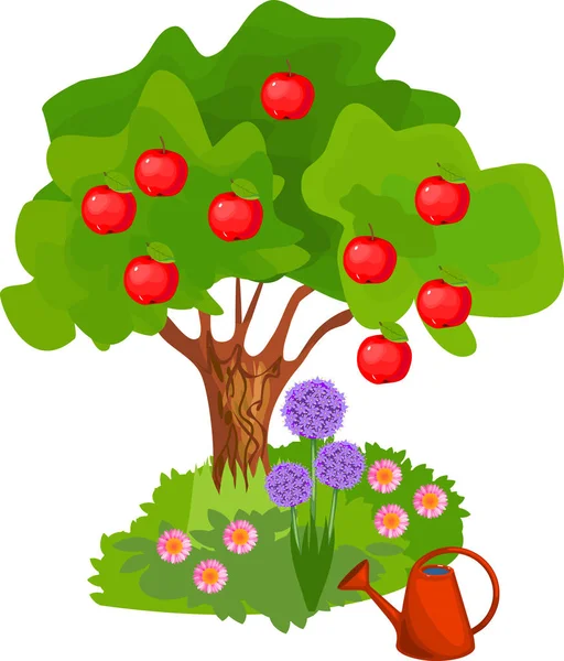漫画の緑の冠 赤いフルーツとリンゴの木と草の白い背景のトランクの近く — ストックベクタ