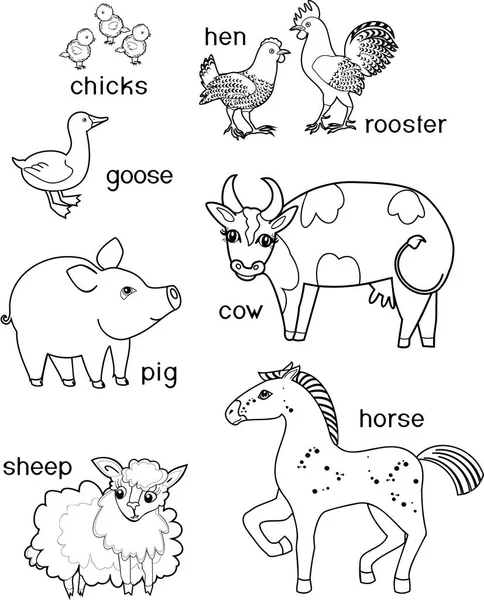 Coloring Page Set Different Cute Cartoon Farm Animals Titles White — Stock Vector