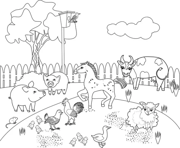 Página Para Colorear Paisaje Rural Con Diferentes Animales Granja — Archivo Imágenes Vectoriales