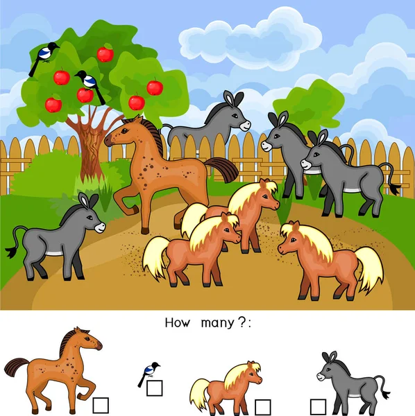 How Many Animals Counting Educational Game Different Cartoon Farm Animals — Stock Vector