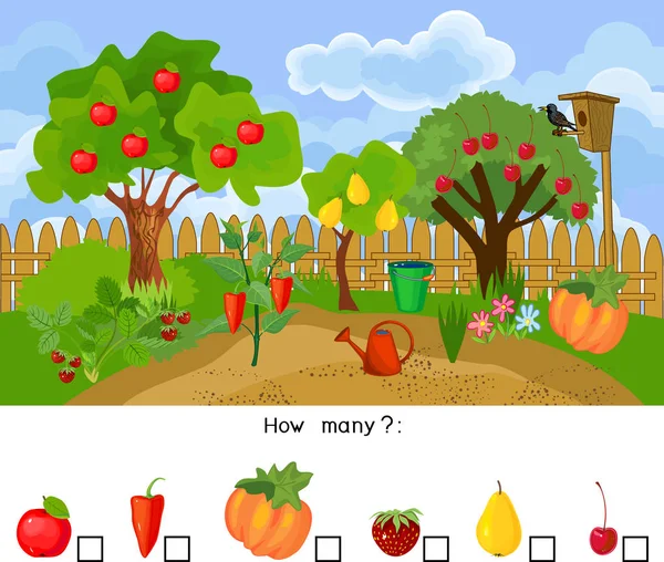 Cuántas Frutas Verduras Contando Juego Educativo Para Niños Preescolares — Vector de stock