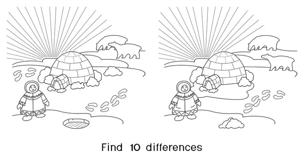 Disegno Colorare Trova Dieci Differenze Gioco Bambini Con Paesaggio Settentrionale — Vettoriale Stock