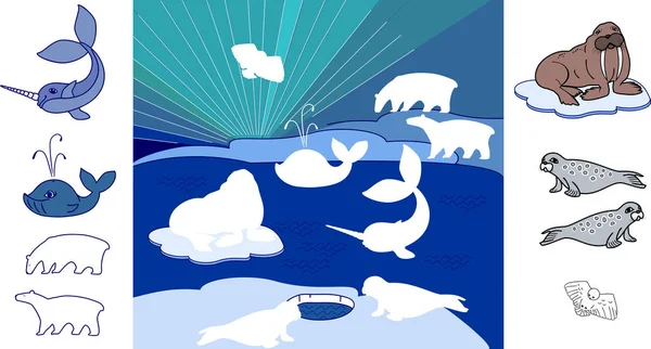 Doğru Gölge Bulmak Eğitim Çocuk Eşleştirme Oyunu Farklı Kutup Hayvanları — Stok Vektör