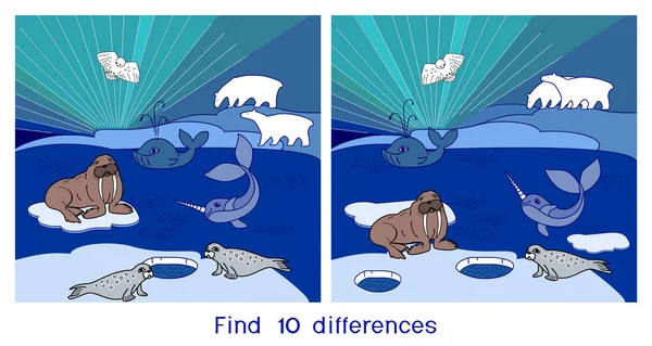 Znajdź Różnic Gra Dla Dzieci Północnej Krajobraz Polarnych Zwierząt — Wektor stockowy