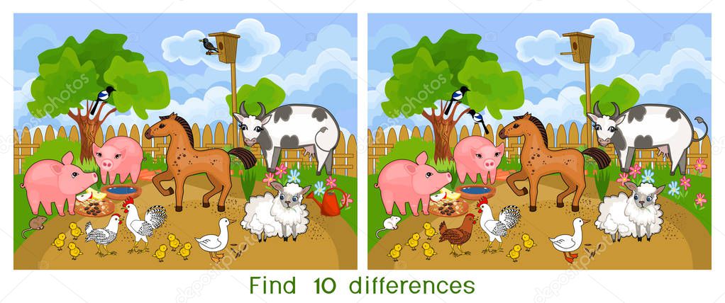 Find ten differences. Game for children with cartoon farm animals