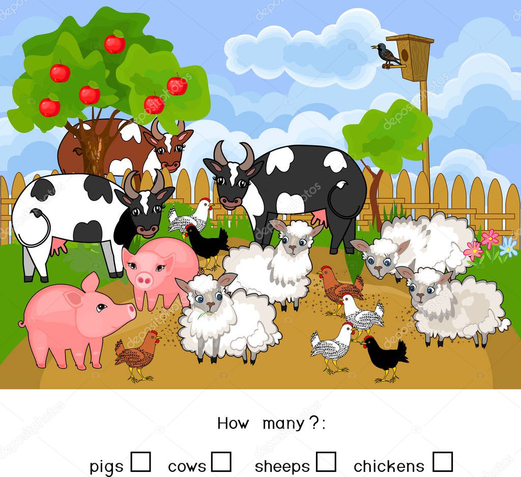 How many animals. Counting educational game with different cartoon farm animals for preschool kids