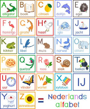 Renkli Felemenkçe (Hollanda) alfabesi ile resim ve çocuk eğitim başlıkları