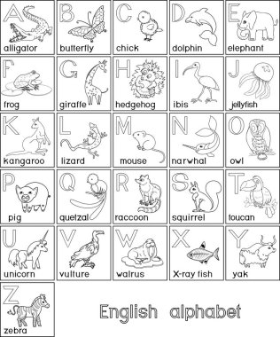 Boyama sayfası. İngilizce alfabesi ile pitoresk-in farklı karikatür hayvanlar ve çocuklar eğitim başlıkları