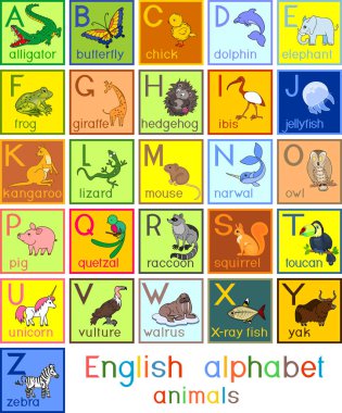 Resimleri farklı karikatür hayvanlar ve çocuklar eğitim başlıkları ile renkli İngilizce alfabe