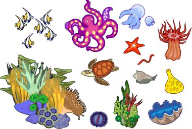 Beyaz arka plan üzerinde izole farklı deniz sakinleri kümesi