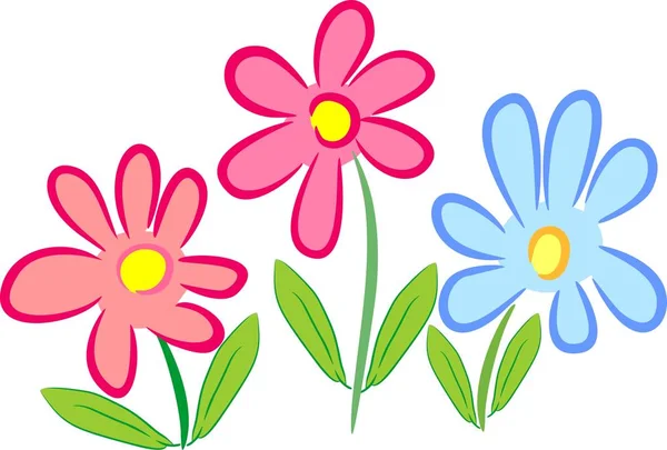Τρεις Στυλιζαρισμένα Λουλούδια Πέταλα Ροζ Και Μπλε Και Πράσινα Φύλλα — Διανυσματικό Αρχείο