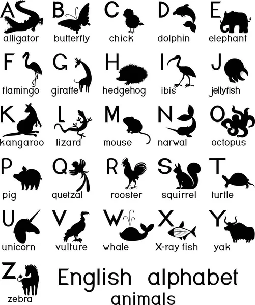Ngilizce Alfabesi Ile Siluetleri Farklı Karikatür Hayvanlar Çocuklar Eğitim Başlıkları — Stok Vektör