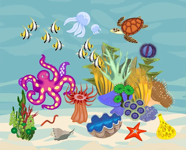 Ecosystem Coral Reef Different Marine Inhabitants — Stock Vector