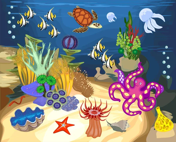 Ecosistema Arrecife Coral Con Diferentes Habitantes Marinos — Vector de stock