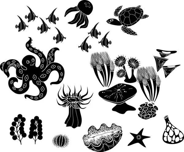 さまざまな海洋動物の黒いシルエットをセットします — ストックベクタ